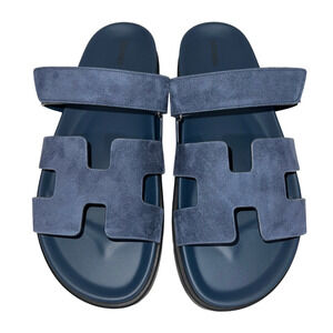 Hermes Chypre Sandal Blue Celeste Dark Suede Logo Strap Slide Slip On Flat 42